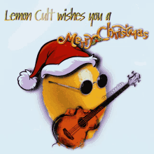 a lemon wearing a santa hat and sunglasses plays a guitar