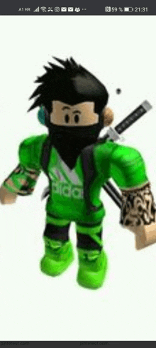 a roblox character wearing a green adidas shirt and holding a sword .