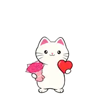 a white cat is holding a bouquet of pink flowers and a heart .
