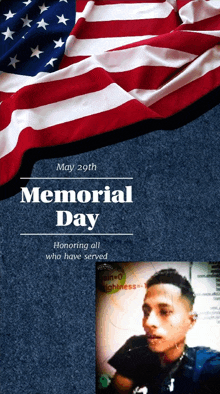 a memorial day poster with a picture of a man and an american flag