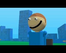 a cartoon character with a big smile on his face stands in front of a city