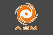 a logo for a company called a2m with an orange and white swirl on a black background .