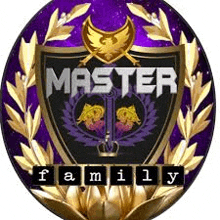 a purple and gold shield with the words `` master family '' on it