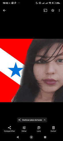 a woman 's face is displayed in front of a red and white flag with a blue star