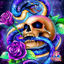 a colorful drawing of a skull with roses and a snake with coloring games in the corner