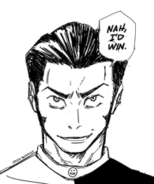 a black and white drawing of a man with a smiley face and the words nah i 'd win