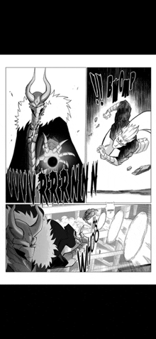 a black and white page of a comic book shows a demon with horns standing next to a man .