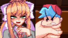 a pixel art of a girl and a boy holding each other .