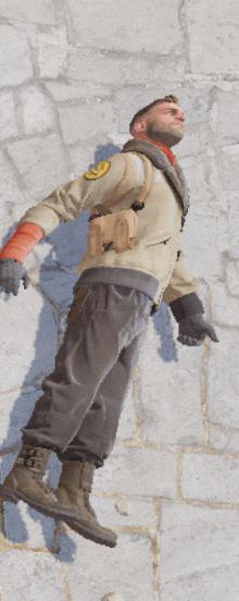 a man in a military uniform is laying on a brick wall