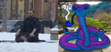 a man is kneeling down in the snow next to a drawing of a snake smoking a pipe