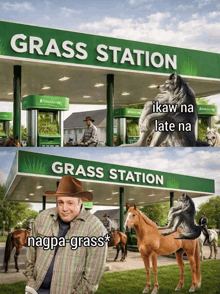 a man in a cowboy hat is standing in front of a green grass station