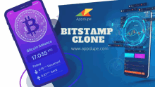 an app called bitstamp clone is shown next to a cell phone