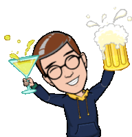 a cartoon of a man holding a martini and a beer