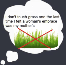 a thought bubble that says i don t touch grass and the last time i felt a woman 's embrace