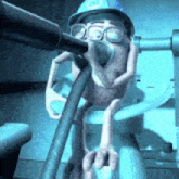 a cartoon character is looking through a telescope while wearing a hard hat and glasses