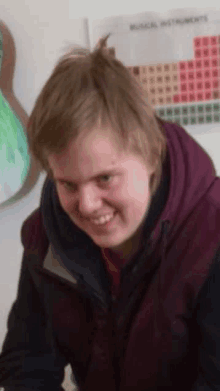 a young man wearing a purple vest is smiling in front of a musical instruments poster