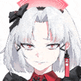 a close up of a girl 's face with white hair and a red shirt .