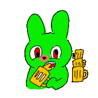 a green cartoon rabbit is holding a cup of coffee and a stack of cups .