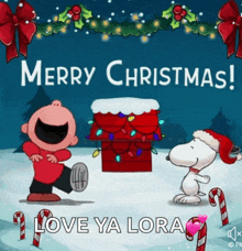 a cartoon of charlie brown and snoopy saying merry christmas love ya lora