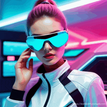 a painting of a woman wearing futuristic glasses with the website https://stablediffusionweb.com