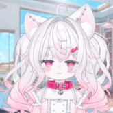 a girl with white hair and pink eyes has a cat ear