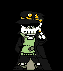 a pixel art of a skeleton wearing a black hat and a green shirt .