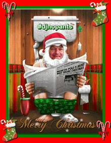 a christmas card with a picture of a man in a toilet reading a newspaper