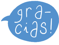 a blue speech bubble with gra-cias written in white