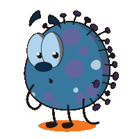 a cartoon drawing of a blue virus with purple dots