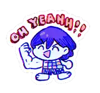 a cartoon of a boy with purple hair and the words oh yeah !