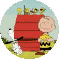 a cartoon of snoopy and charlie brown standing in front of a red house