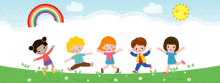 a group of children are running in a grassy field with a rainbow in the background