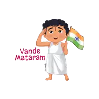 a cartoon of a boy holding an indian flag with the words " vande mataram " below him
