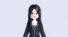 a girl with long black hair is wearing a black hoodie