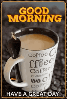 a picture of a cup of coffee with the words good morning have a great day on it