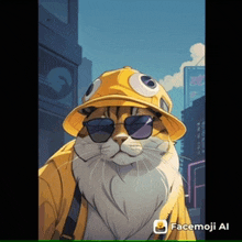 a cat wearing a yellow hat and sunglasses with facemoji ai written on the bottom