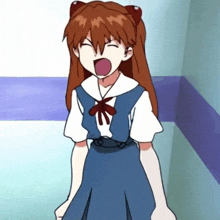 a cartoon girl with red hair and a blue dress is yawning