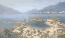 an aerial view of a tropical island with palm trees and mountains in the background