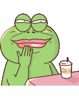 a frog with a cup of coffee next to it