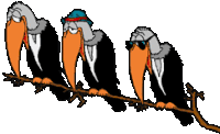 three birds wearing suits and hats are sitting on a tree branch