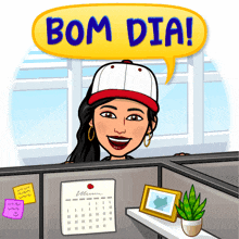 a cartoon of a woman in a cubicle saying bom dia