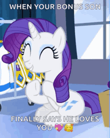 rarity from my little pony is kneeling down in front of a window and says he loves you .