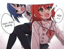 a girl with red hair is being lifted by another girl who says " chair stop shaking "
