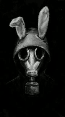 a black and white painting of a person wearing a gas mask with rabbit ears .