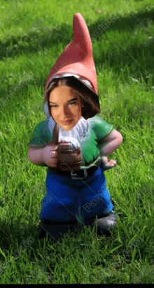 a gnome with a woman 's face on it is kneeling in the grass