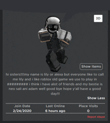 a screenshot of a roblox page with a person holding a book