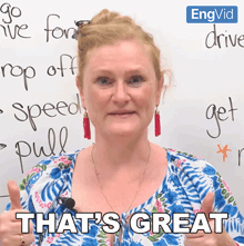 a woman giving a thumbs up with the words that 's great