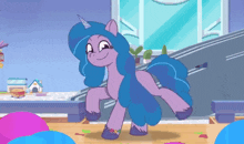 a cartoon pony with blue hair and a unicorn horn is dancing in a room with balloons .