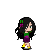 a girl with a flower in her hair is wearing a green shirt and a purple skirt