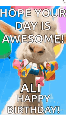 a llama is wearing a bow tie and balloons and says `` hope your day is awesome ali happy birthday ! ''